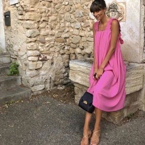 H&M Bow Ruffle A Line Textured Midi Dress XS Pink Fuchsia Garden Summer Romantic